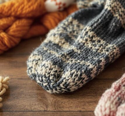 Bunte handgestrickte Socken auf einem Holztisch.