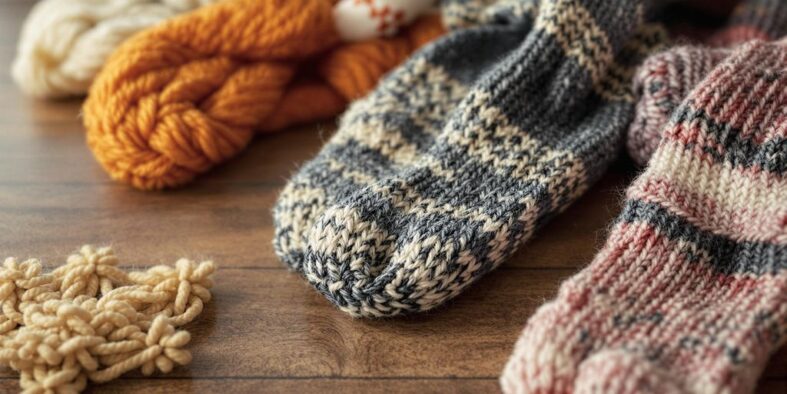 Bunte handgestrickte Socken auf einem Holztisch.