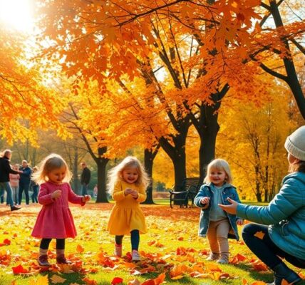 Kinder spielen im bunten Herbstpark.