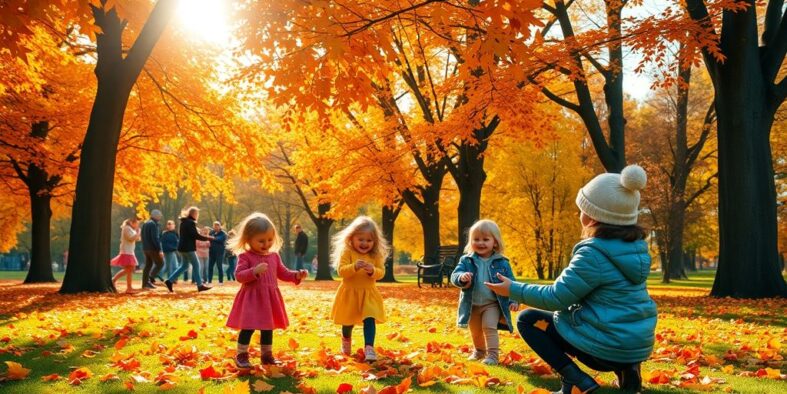 Kinder spielen im bunten Herbstpark.