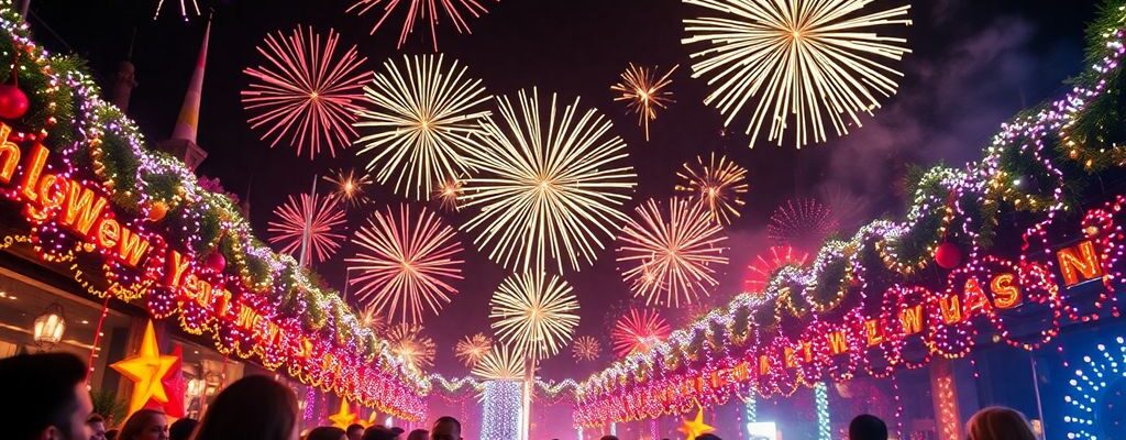 Feierliche Silvesterfeier mit Feuerwerk und fröhlichen Menschen.