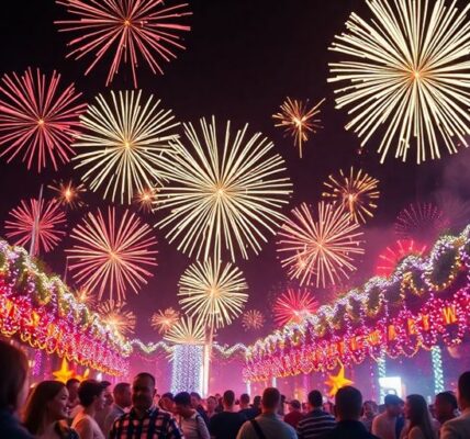 Feierliche Silvesterfeier mit Feuerwerk und fröhlichen Menschen.