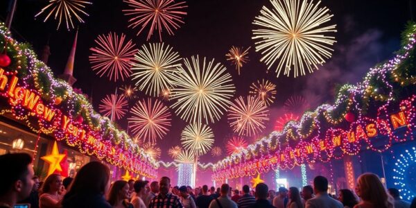 Feierliche Silvesterfeier mit Feuerwerk und fröhlichen Menschen.
