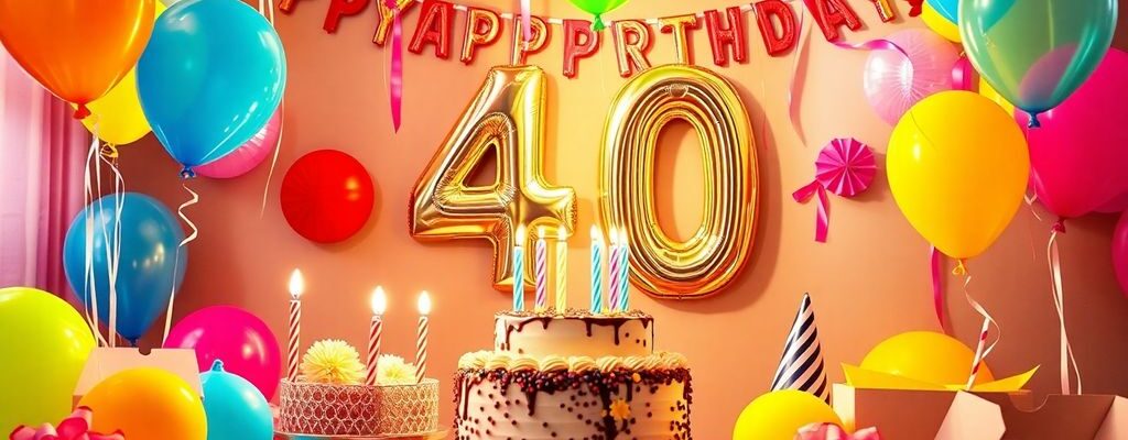 Bunte Ballons und eine Geburtstagstorte zum 40. Geburtstag.