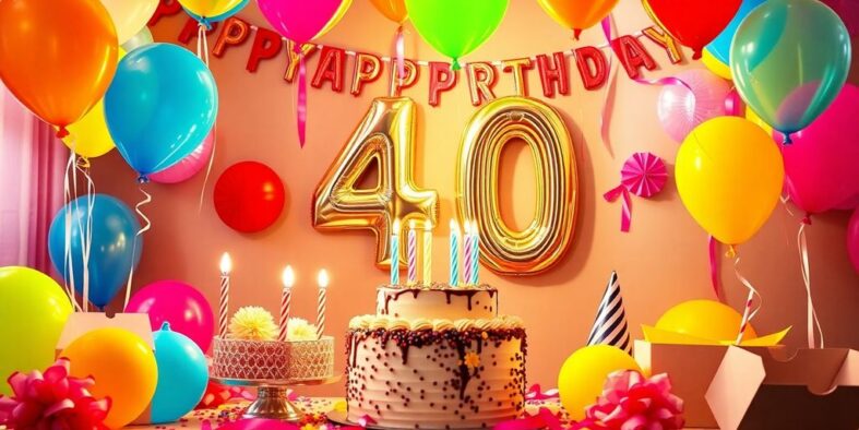 Bunte Ballons und eine Geburtstagstorte zum 40. Geburtstag.