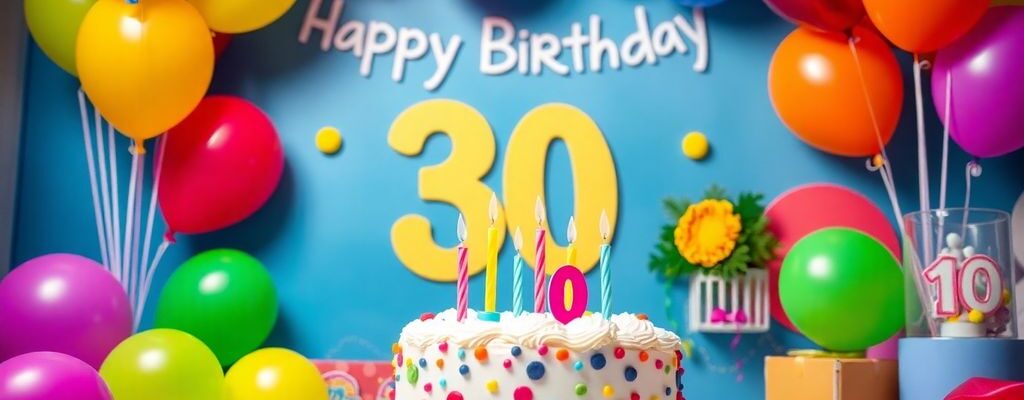 Bunte Luftballons und Geburtstagskuchen zum 30. Geburtstag.