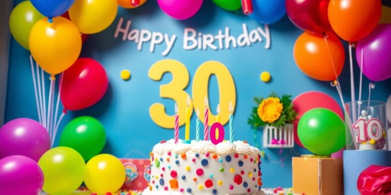 Bunte Luftballons und Geburtstagskuchen zum 30. Geburtstag.