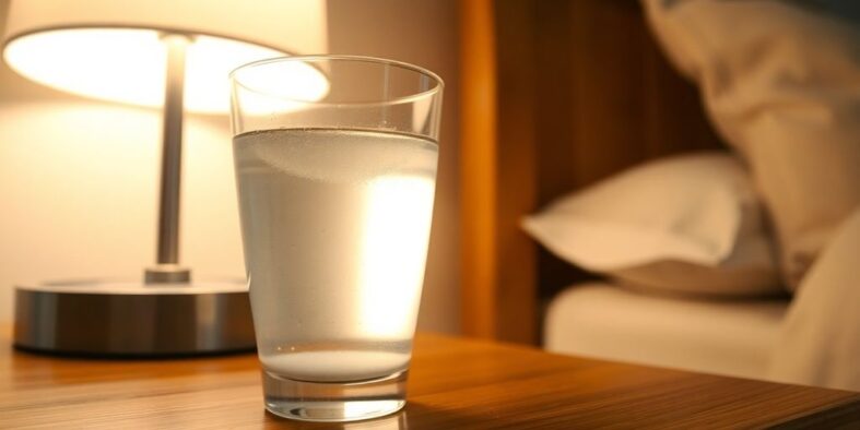Natronpulver und Wasserglas auf einem Nachttisch.
