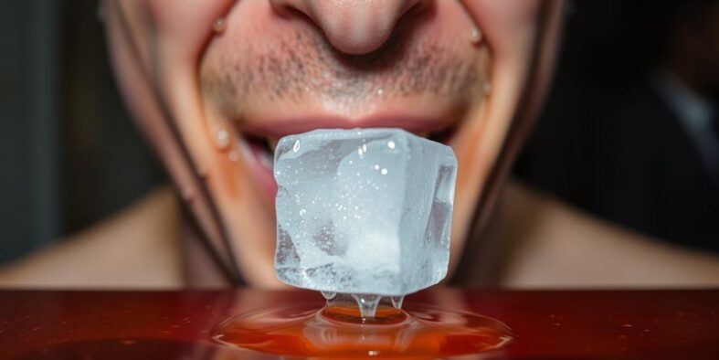 Lustige Hitze: Schmelzendes Eis, schwitzende Person