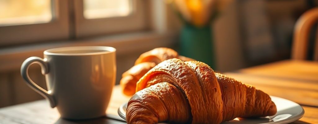 Sonniger Morgen, Kaffee, Croissant, fröhliche Freitagstimmung.