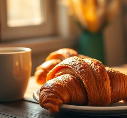 Sonniger Morgen, Kaffee, Croissant, fröhliche Freitagstimmung.
