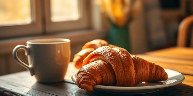 Sonniger Morgen, Kaffee, Croissant, fröhliche Freitagstimmung.