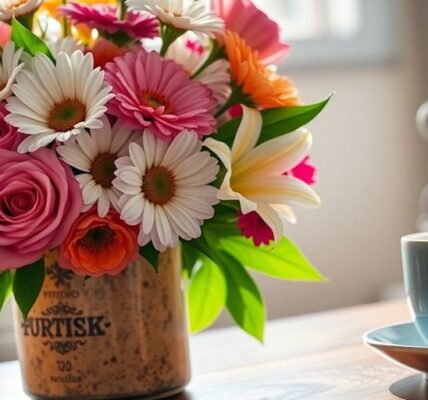 Bunter Blumenstrauß mit einer Tasse Kaffee auf einem Holztisch.