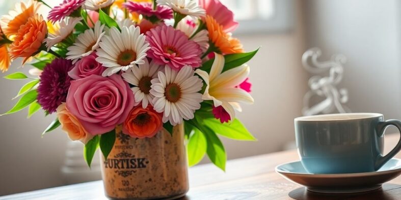 Bunter Blumenstrauß mit einer Tasse Kaffee auf einem Holztisch.