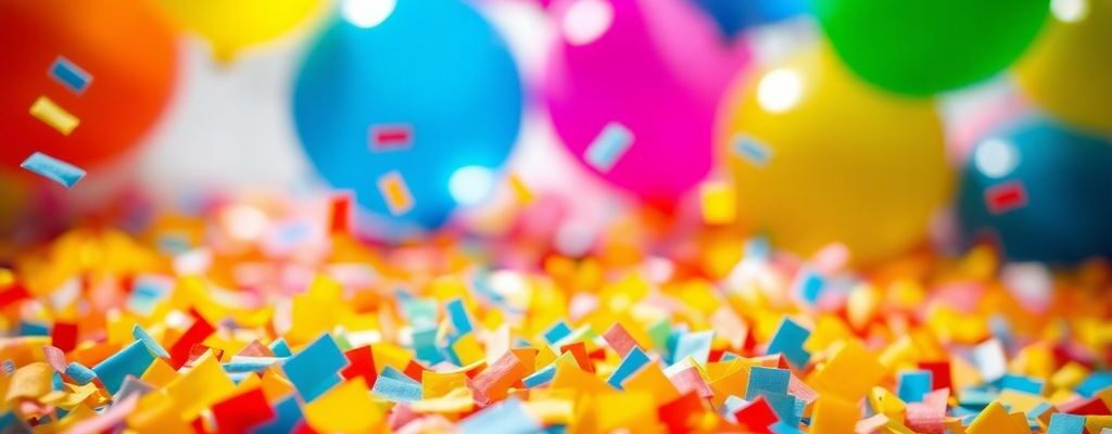 Bunte Luftballons, Konfetti, feierliche Stimmung