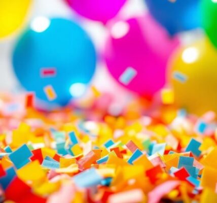 Bunte Luftballons, Konfetti, feierliche Stimmung