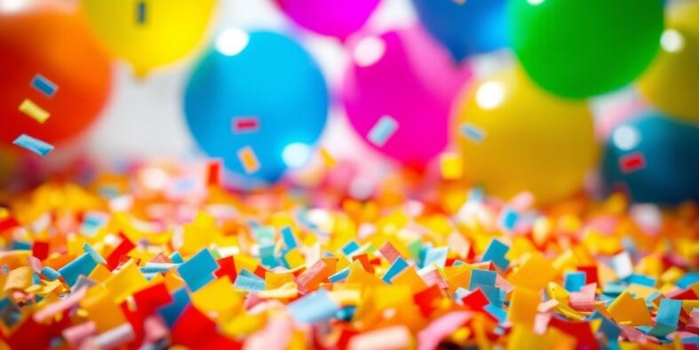Bunte Luftballons, Konfetti, feierliche Stimmung