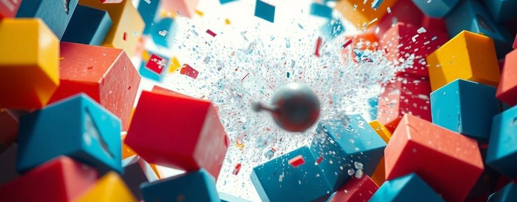 Bunte Blöcke, zerbrochen von einem springenden Ball.