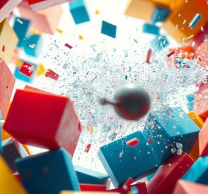 Bunte Blöcke, zerbrochen von einem springenden Ball.