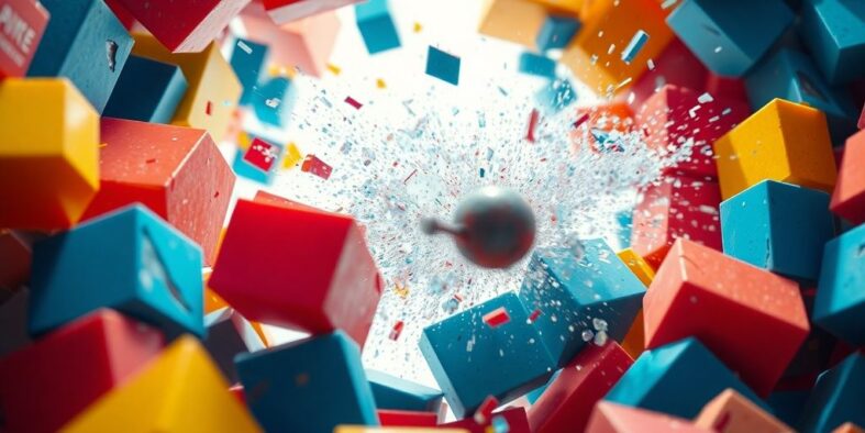 Bunte Blöcke, zerbrochen von einem springenden Ball.