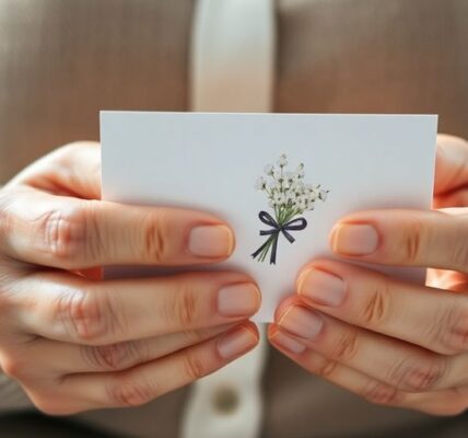 Hände halten Karte mit Blumensträußen und Schleife.