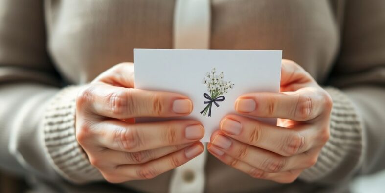Hände halten Karte mit Blumensträußen und Schleife.