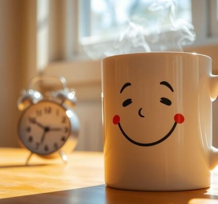 Lustiger Kaffeebecher und lachende Sonne.