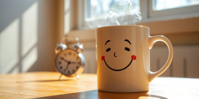 Lustiger Kaffeebecher und lachende Sonne.
